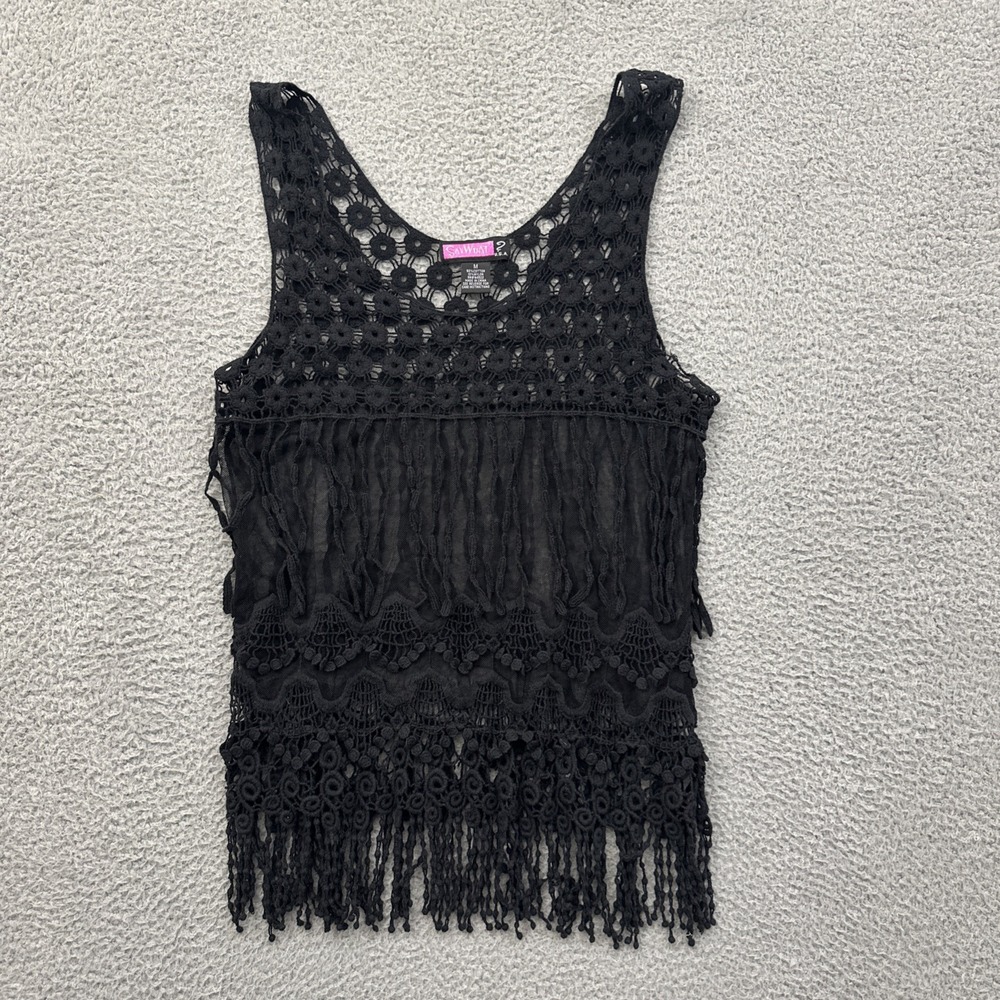Y2K Say What? Crochet Lace Fringe Tank Top Edgy Boho Festival Women's Medium